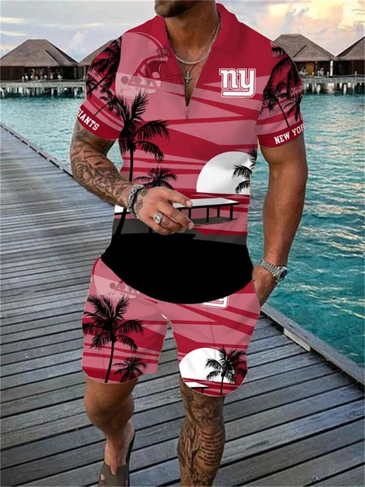 New York Giants Zip Polo Shirt And Shorts Men AZPLZ217