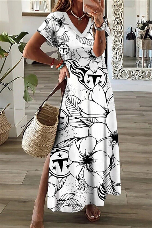 Tennessee Titans V-Neck Side Slit Long Dress AZBTVSD000017
