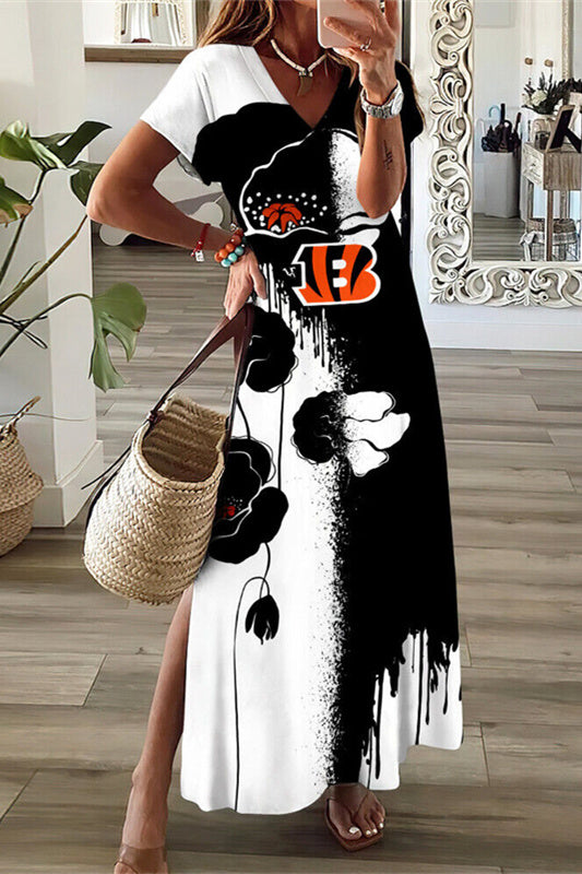 Cincinnati Bengals V-Neck Side Slit Long Dress AZBTVSD000206
