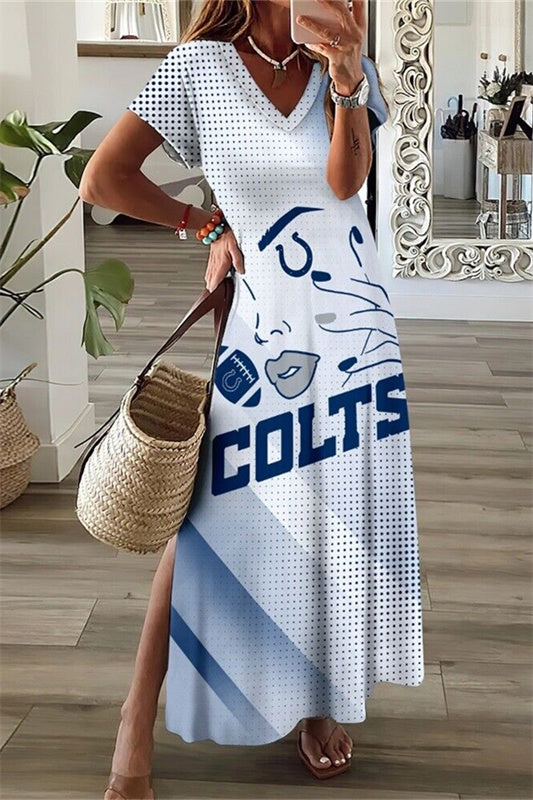 Indianapolis Colts V-Neck Side Slit Long Dress AZBTVSD000490