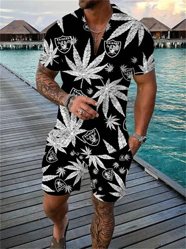 Las Vegas Raiders Zip Polo Shirt And Shorts Men AZPLZ131