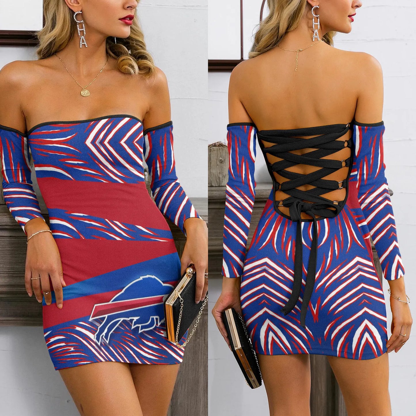 Buffalo Bills Lace Up Back Bardot Bodycon Dress BG08