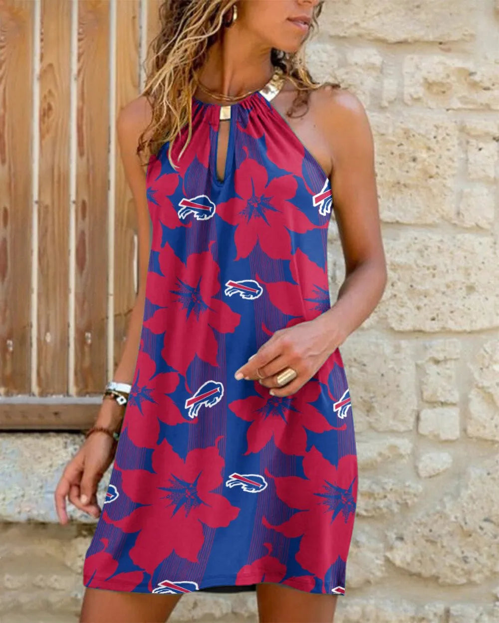 Buffalo Bills Summer Casual Metal Halter Neck Sleeveless Dress 16