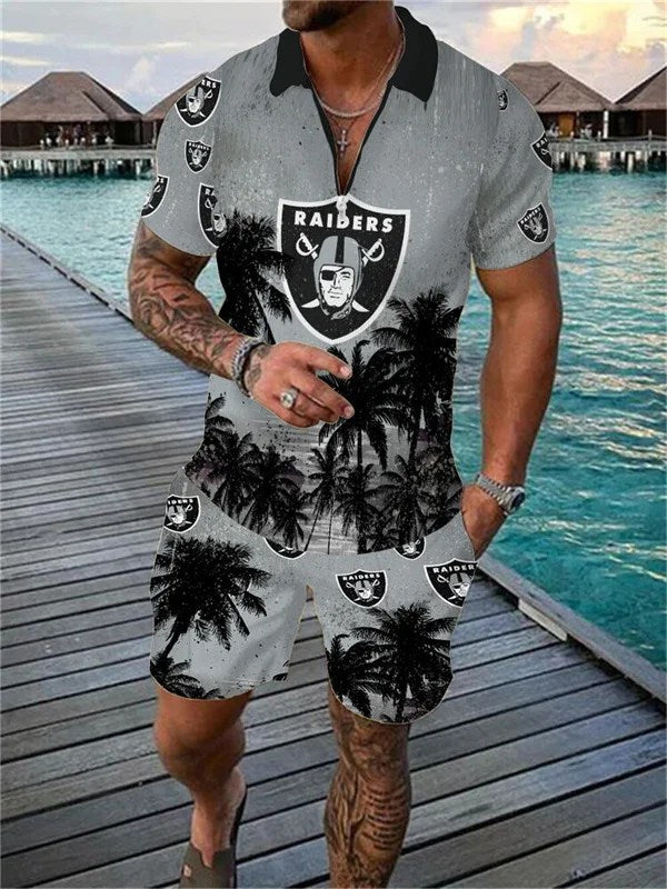 Las Vegas Raiders Zip Polo Shirt And Shorts Men AZPLZ133