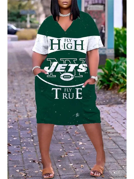 New York Jets V-neck Casual Pocket Dress Limited Edition AZBTVCPD000191