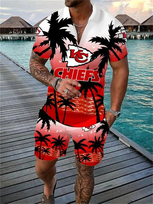 Kansas City Chiefs Zip Polo Shirt And Shorts Men AZPLZ047