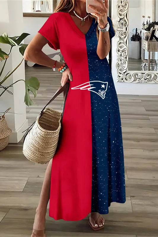 New England Patriots V-Neck Side Slit Long Dress AZBTVSD000144