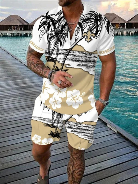 New Orleans Saints Zip Polo Shirt And Shorts Men AZPLZ089