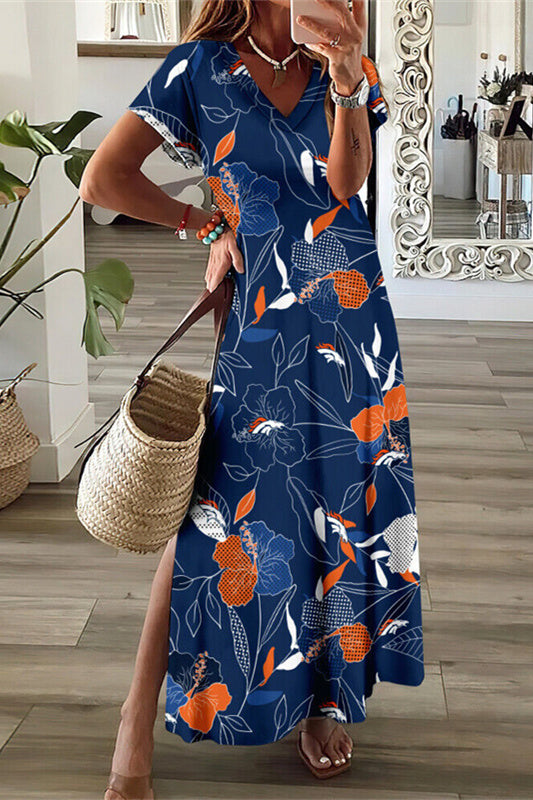 Denver Broncos V-Neck Side Slit Long Dress AZBTVSD000427