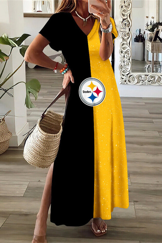 Pittsburgh Steelers V-Neck Side Slit Long Dress AZBTVSD000177