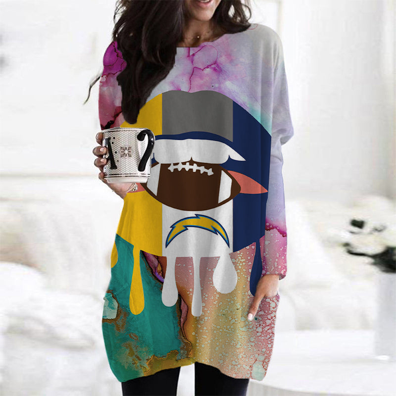 Los Angeles Chargers Casual Long Sleeve Pocket Dress AZBTLSPD000059