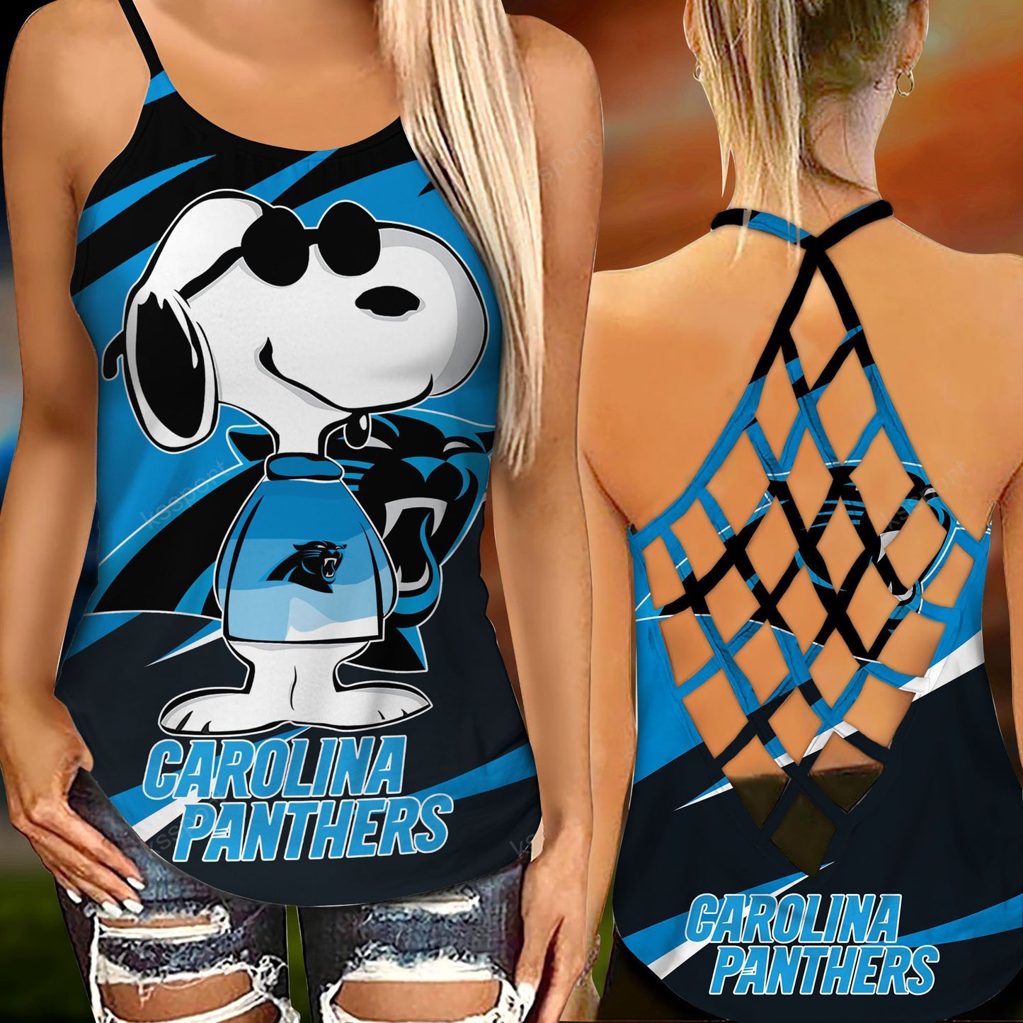 Carolina Panthers Leggings And Criss Cross Tank Top BG76