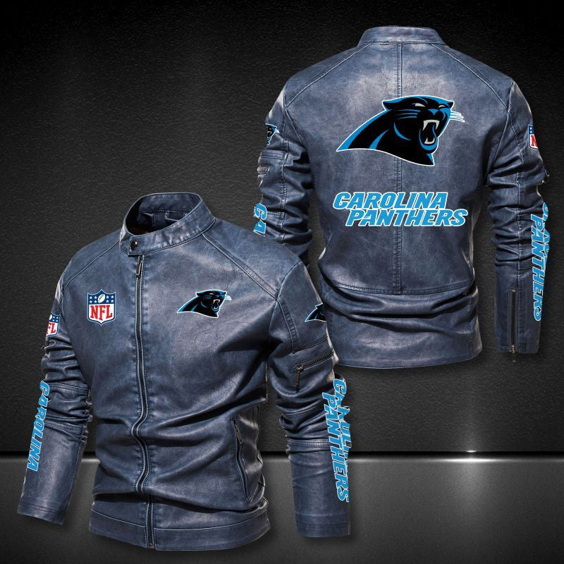 Carolina Panthers Stand-up Collar Leather Jacket BG27