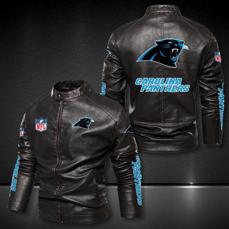 Carolina Panthers Stand-up Collar Leather Jacket BG27