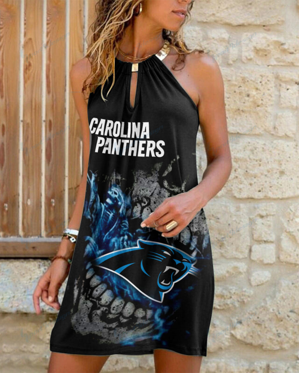 Carolina Panthers Summer Casual Metal Halter Neck Sleeveless Dress 89