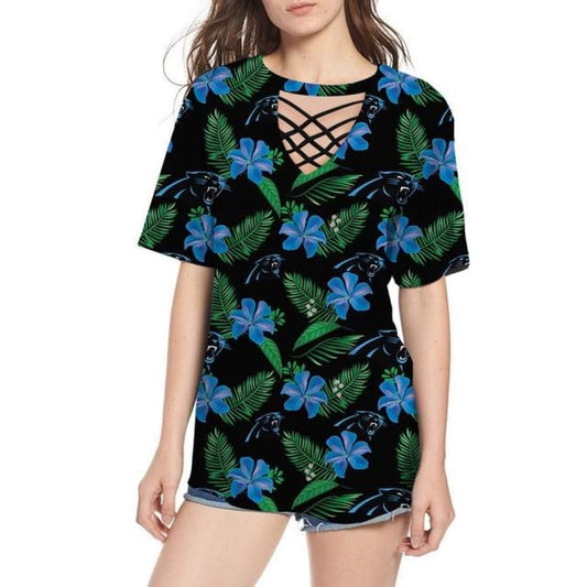 Carolina Panthers Women Summer String Short Sleeve Shirt BG26