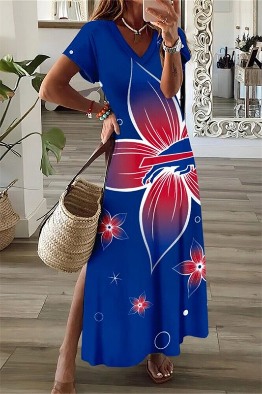 Buffalo Bills V-Neck Side Slit Long Dress AZBTVSD000283