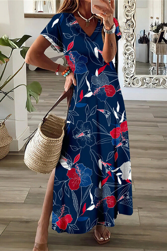 New England Patriots V-Neck Side Slit Long Dress AZBTVSD000294
