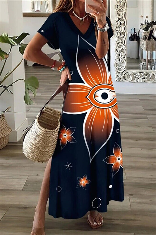 Chicago Bears V-Neck Side Slit Long Dress AZBTVSD000279