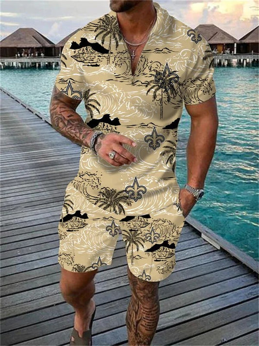 New Orleans Saints Zip Polo Shirt And Shorts Men AZPLZ086