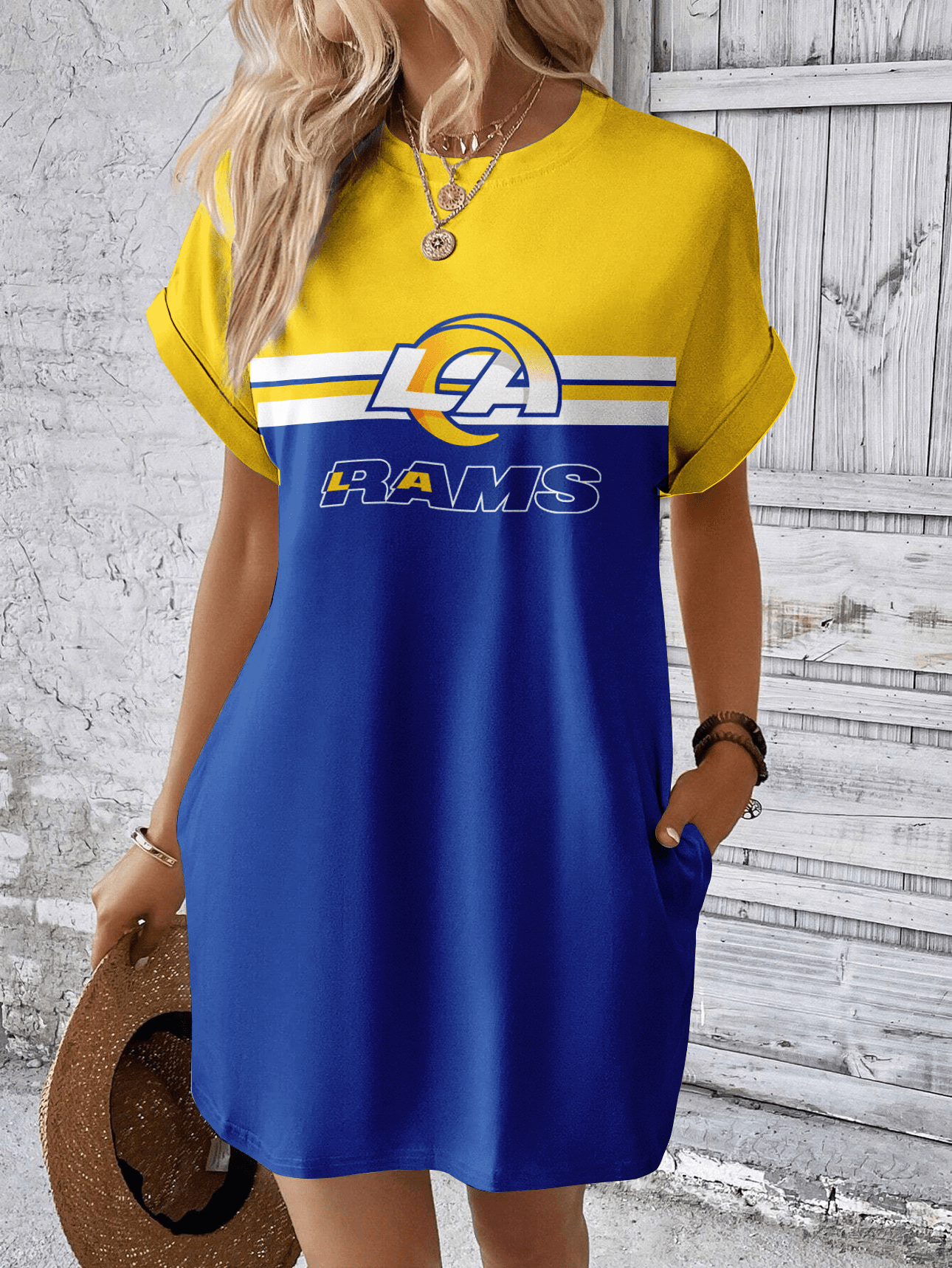 Los Angeles Rams Women Hidden Pocket Batwing Casual Dress AZDDBWCD000054