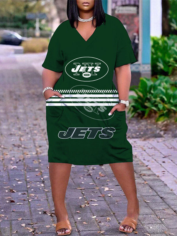 New York Jets V-neck Casual Pocket Dress Limited Edition AZBTVCPD000409