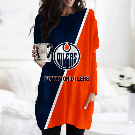 Edmonton Oilers Casual Long Sleeve Pocket Dress AZBTLSPD000068