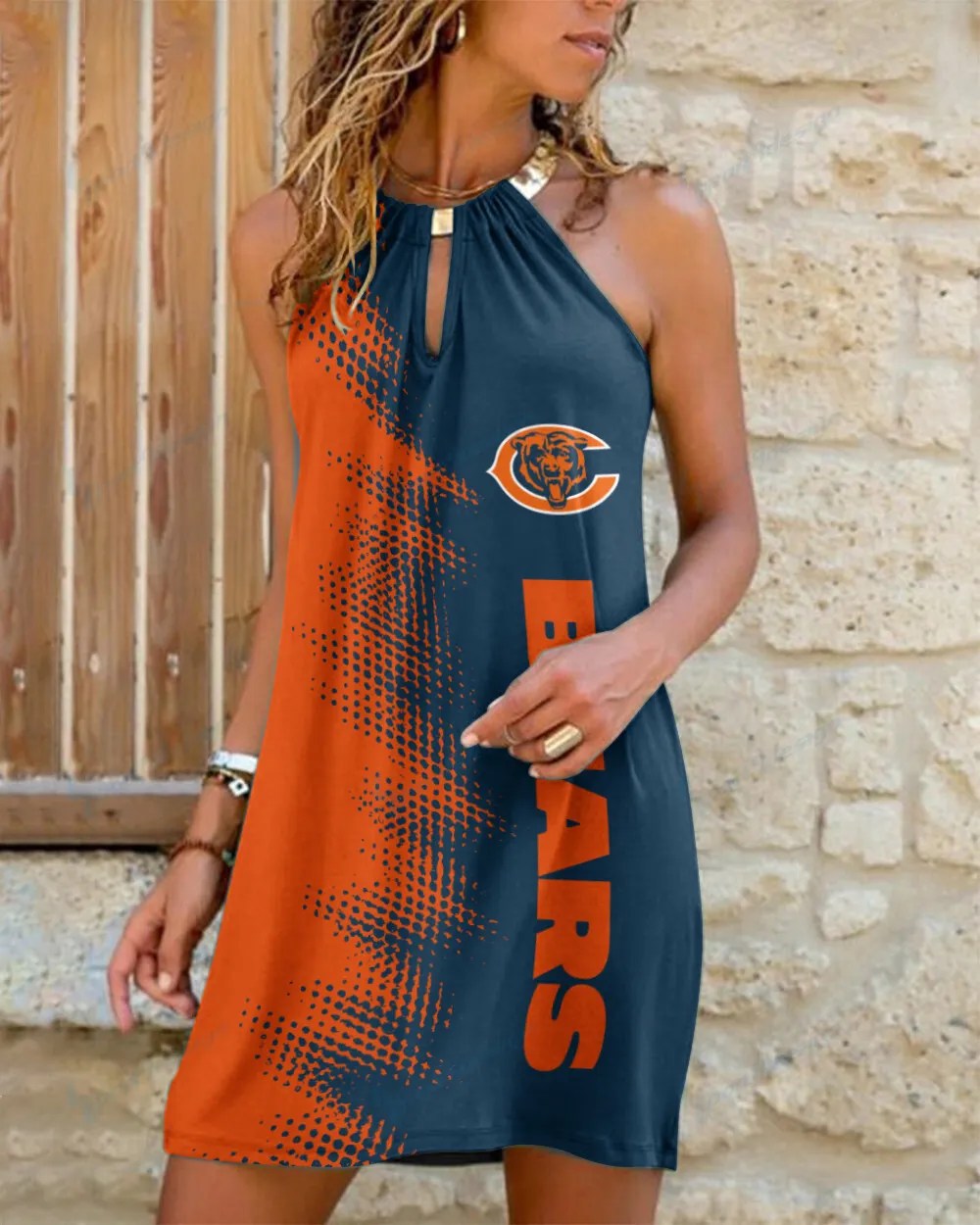 Chicago Bears Summer Casual Metal Halter Neck Sleeveless Dress 44
