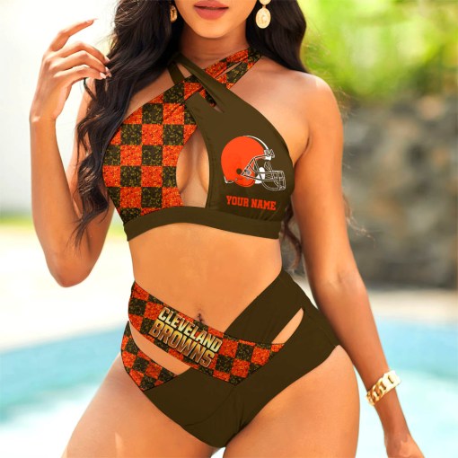 Cleveland Browns Women’s 2PCS Bikini Swimsuit Criss Cross Cutout Bathing Suit S9BCCB033