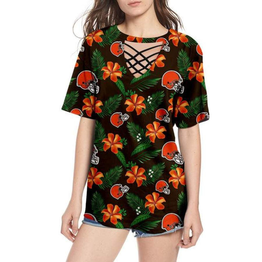 Cleveland Browns Women Summer String Short Sleeve Shirt BG28