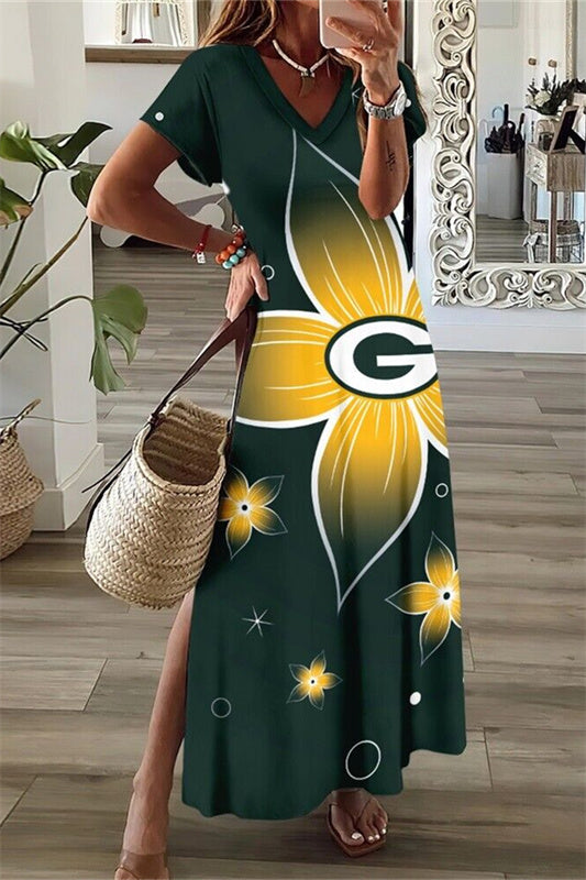 Green Bay Packers V-Neck Side Slit Long Dress AZBTVSD000165