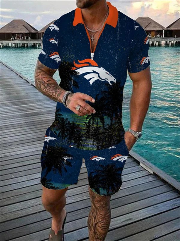 Denver Broncos Zip Polo Shirt And Shorts Men AZPLZ198