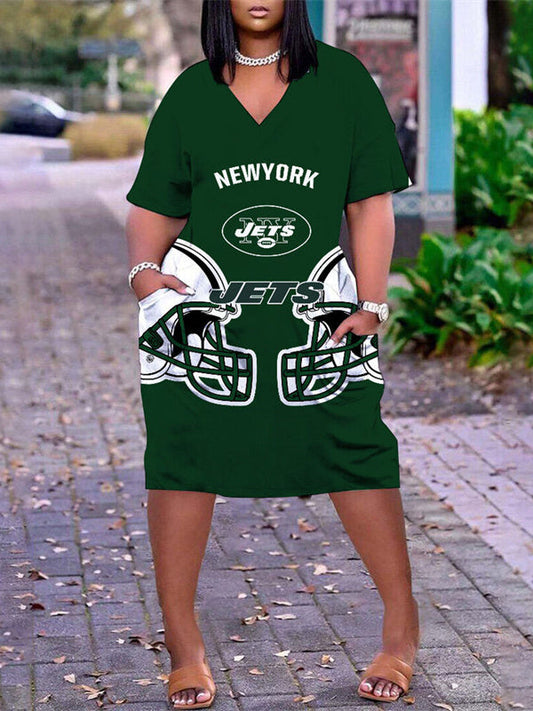 New York Jets V-neck Casual Pocket Dress Limited Edition AZBTVCPD000407