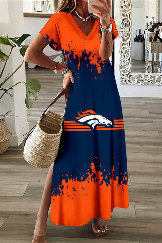 Denver Broncos V-Neck Side Slit Long Dress AZBTVSD000264