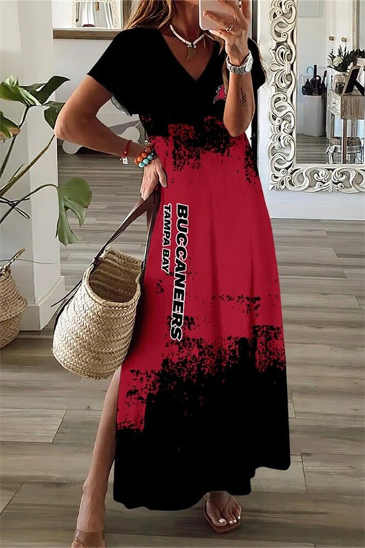 Tampa Bay Buccaneers V-Neck Side Slit Long Dress AZBTVSD000363