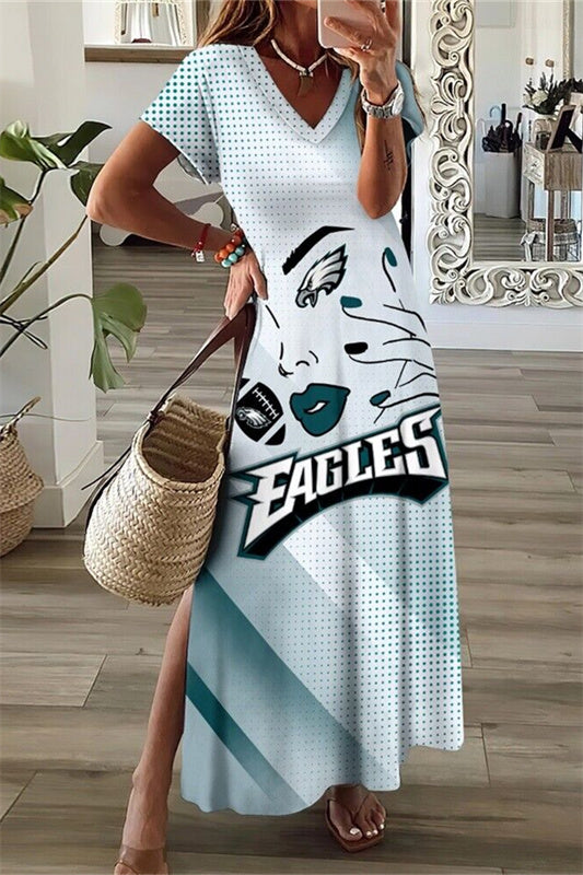 Philadelphia Eagles V-Neck Side Slit Long Dress AZBTVSD000176