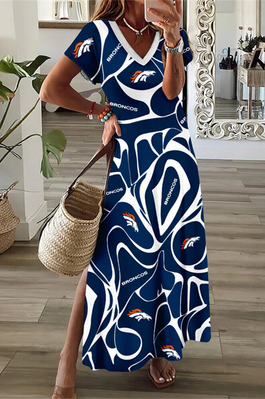 Denver Broncos V-Neck Side Slit Long Dress AZBTVSD000267