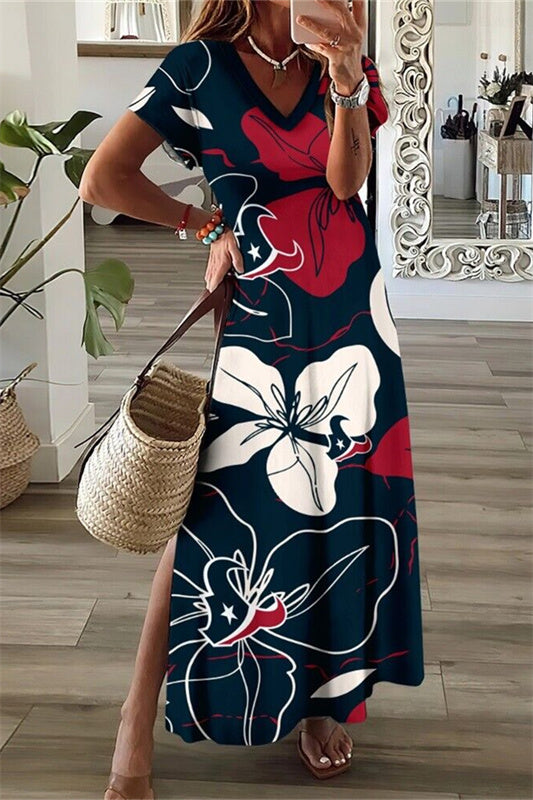 Houston Texans V-Neck Side Slit Long Dress AZBTVSD000418