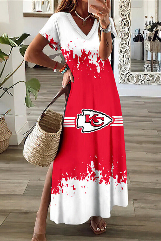 Kansas City Chiefs V-Neck Side Slit Long Dress AZBTVSD000153