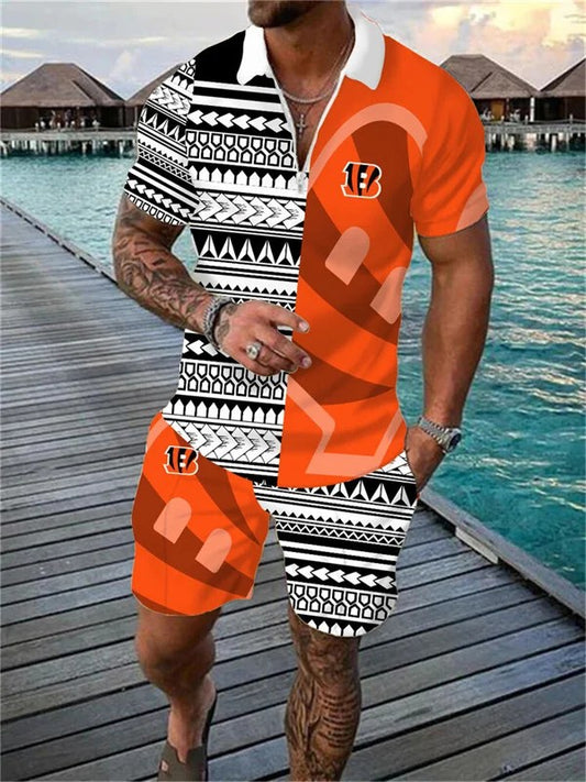 Cincinnati Bengals Zip Polo Shirt And Shorts Men AZPLZ193