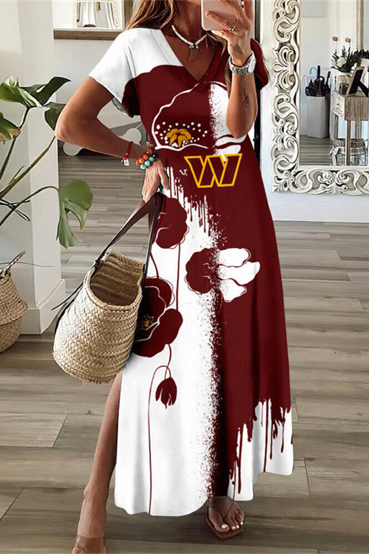 Washington Commanders V-Neck Side Slit Long Dress AZBTVSD000160