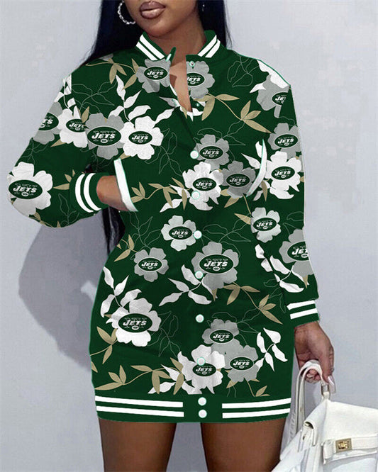 New York Jets Women Button Down Jacket Dress AZBTBDJD000115