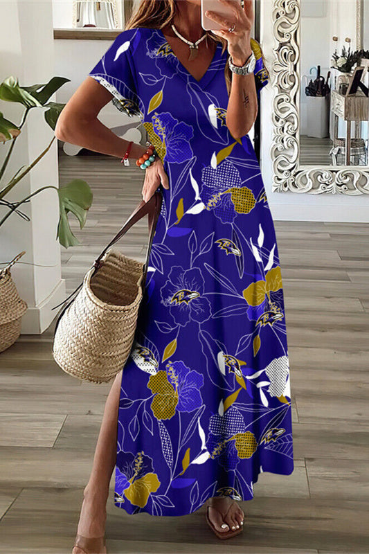 Baltimore Ravens V-Neck Side Slit Long Dress AZBTVSD000236