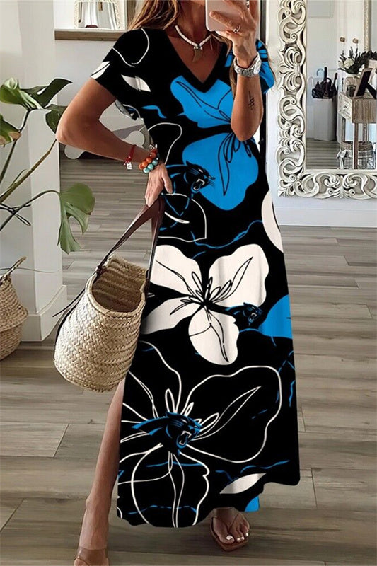 Carolina Panthers V-Neck Side Slit Long Dress AZBTVSD000367
