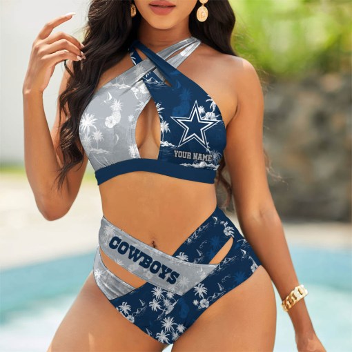 Dallas Cowboys Women’s 2PCS Bikini Swimsuit Criss Cross Cutout Bathing Suit S9BCCB066