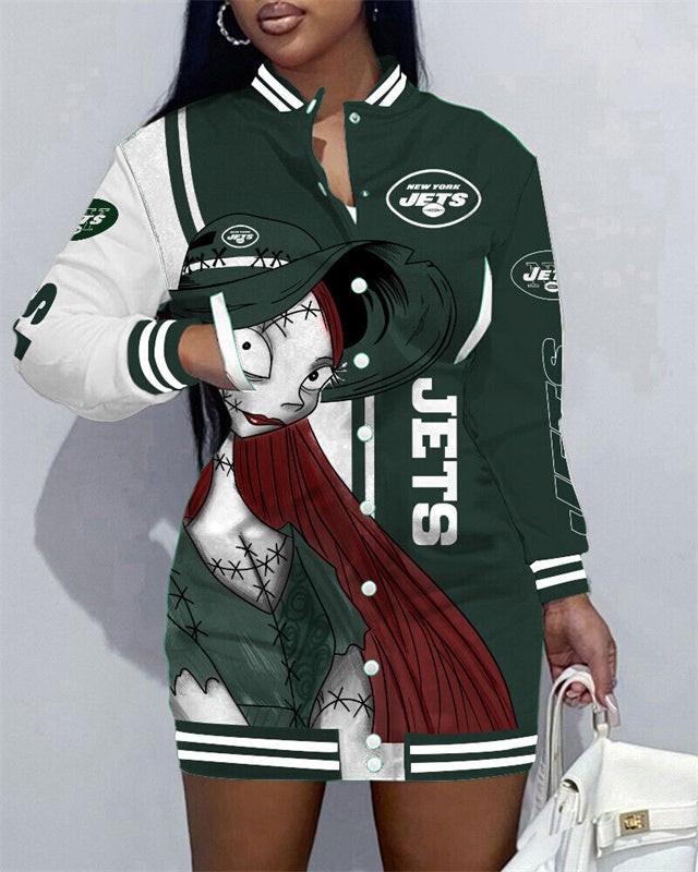 New York Jets Women Button Down Jacket Dress AZBTBDJD000343