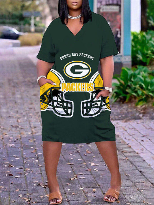 Green Bay Packers V-neck Casual Pocket Dress Limited Edition AZBTVCPD000491