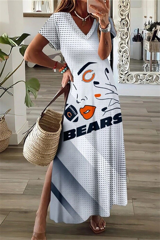 Chicago Bears V-Neck Side Slit Long Dress AZBTVSD000268