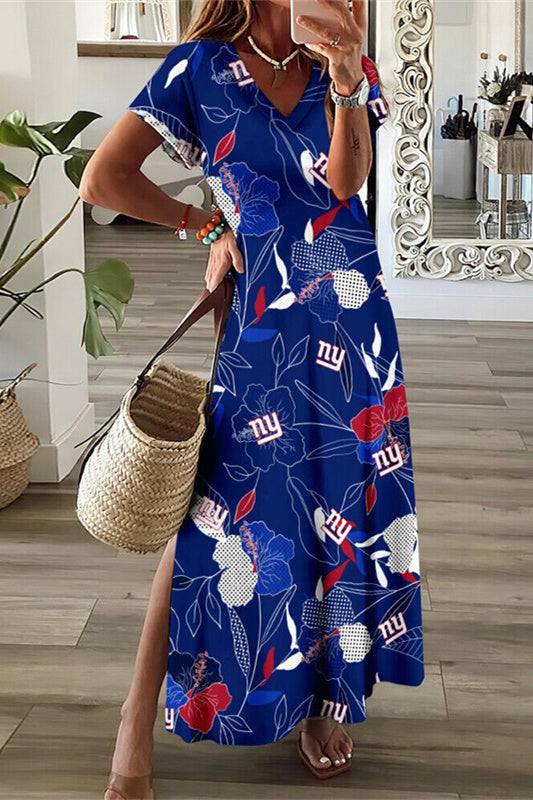 New York Giants V-Neck Side Slit Long Dress AZBTVSD000208