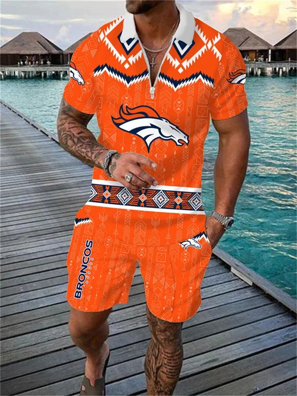Denver Broncos Zip Polo Shirt And Shorts Men AZPLZ203